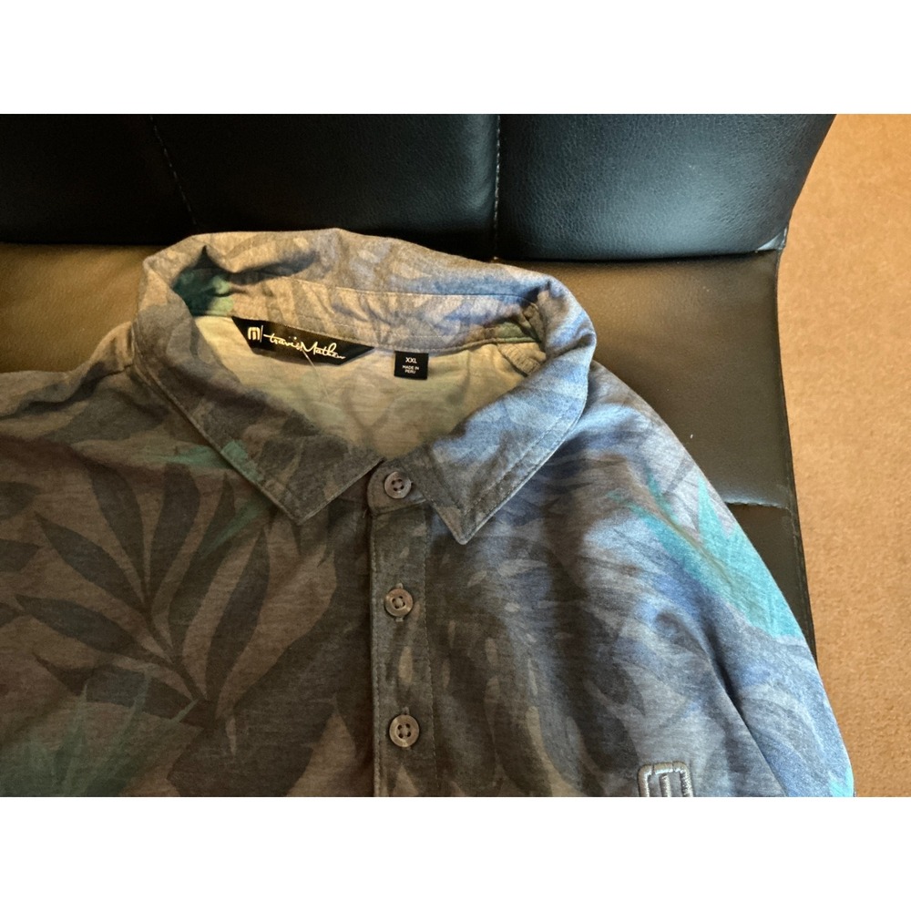 TravisMathew Mens XXL Polo Shirt Blue Teal Tropical Floral Palm Leaf Golf Top